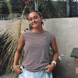 striped burnt brown and white short sleeve shirt